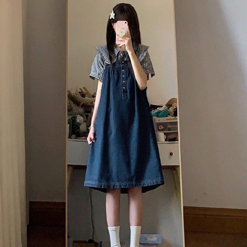 时尚套装女夏款复古小个子工装牛仔吊带连衣裙子娃娃领衬衫两件套,淘宝优惠券,粉丝福利购,淘宝优惠卷
