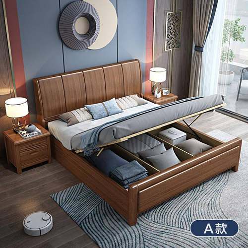 fLE新中式胡桃木实木床1.8米双人2x2.2米大床1.5储物气压高箱床1. - 图2