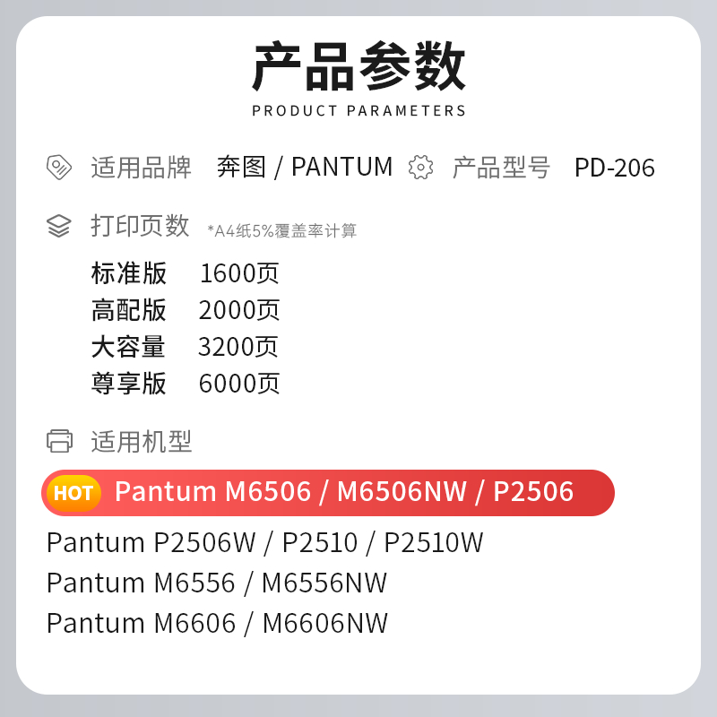 适用奔图m6506硒鼓pd206 p2506 2510打印机墨盒m6556nw 2510w m - 图0