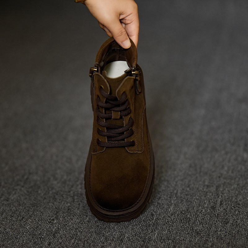 圆头短靴女厚底小个子中跟秋冬靴B子女系带马丁靴女粗跟复古女靴 - 图3