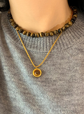 天然虎眼石美拉德叠戴毛衣链女麻花D项链复古串珠锁骨链法式小众