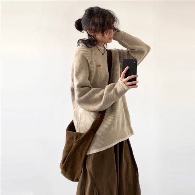 Autumn and winter Japanese retro round neck solid color loose knit sweater men and women college style versatile contrast color X pullover sweater love