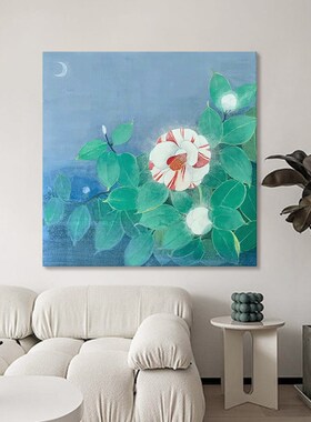 富贵花开手绘油画蓝色玄关挂画抽象肌理方形画白色花卉客厅装饰画