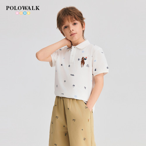 POLOWALK童装2026夏季新品男童短袖T恤撞色印花短袖POLO衫上衣 - 图1