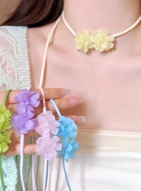 蓝色花朵项链多巴胺山茶花锁骨链女款夏日系脖花朵丝带项链度假风