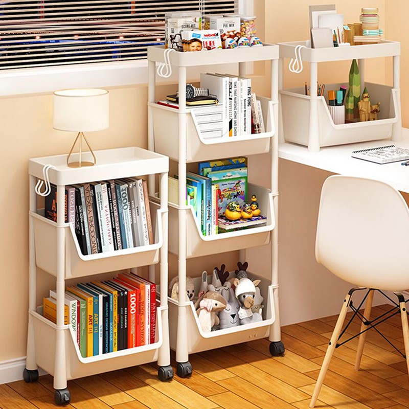 家用移动书架置物架落地办公桌下小推车书本收纳架带轮儿童书柜 - 图2
