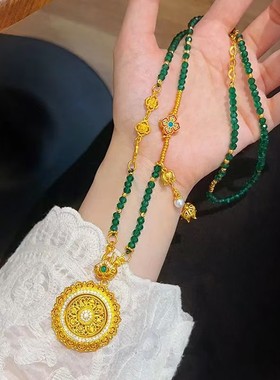 新中式手工diy绿色圆珠花丝如意八宝旋转圆盘项链国风串珠民族风