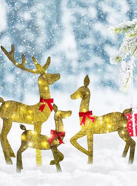 圣诞礼品金色鹿三口之家立体摆件装饰户外花园圣诞发光麋鹿摆件
