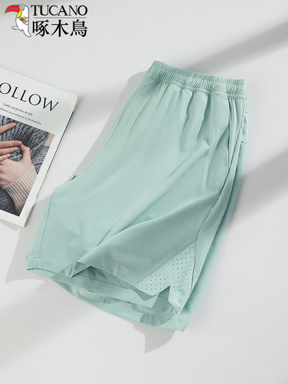 啄木鸟冰丝速干裤男女款夏季轻薄透气五分裤跑步健身弹力运动裤子