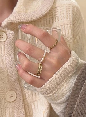 三件套珍珠链条戒指女时尚个性网红闺蜜食指戒轻奢高级感尾戒指环