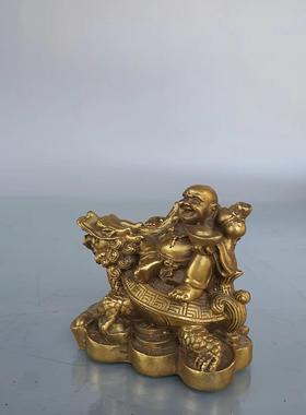 黄铜龙龟背笑佛摆件 黄铜弥勒佛布袋佛家居黄铜摆件