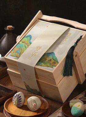 月饼盒多层分格式礼品包装盒实木简约带提手中秋月饼木质礼品礼盒