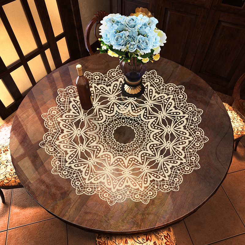 无味新中式蕾丝氛围感pvc木保护膜软玻璃圆餐桌面垫桌布防水防油 - 图0