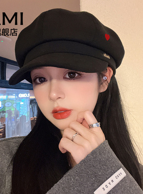 AMI女装美式新款贝雷帽女秋秋显脸小鸭舌八角帽大头围复古黑色报9