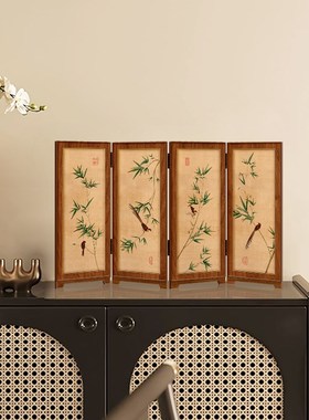 翠竹桌面小屏风摆件新中式茶室书房餐边柜摆台画中古风餐厅装饰画