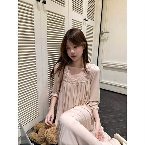 2026新款法式宫廷蕾丝莫代尔棉睡衣女春秋季高级感长款睡裙家居服 - 图2