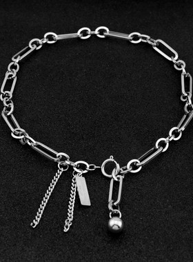 不锈钢手工项链 粗链圆珠锁骨项链 情侣字母片流苏可调整项链