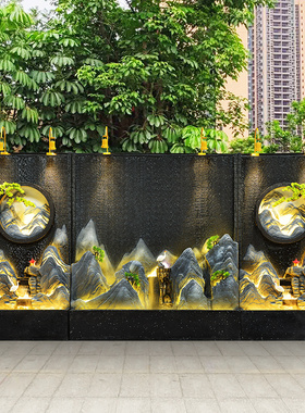 天越假山流水喷泉水幕墙流水x墙酒店大厅办公室玄关风水轮招财摆