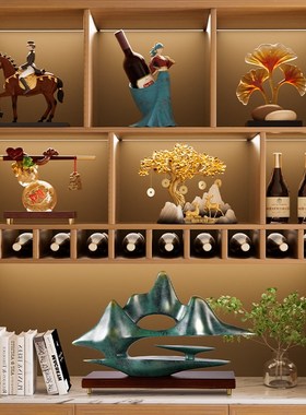 新中式软装高级感摆件红酒u架中古风乔迁新居客厅书房展示柜装饰