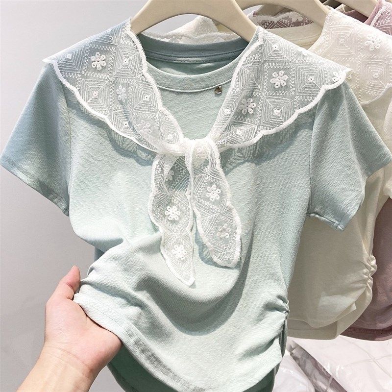 蕾丝披肩辣妈外出哺乳短袖t恤设计感褶皱收腰显瘦产后喂奶上衣夏,淘宝优惠券,粉丝福利购,淘宝优惠卷