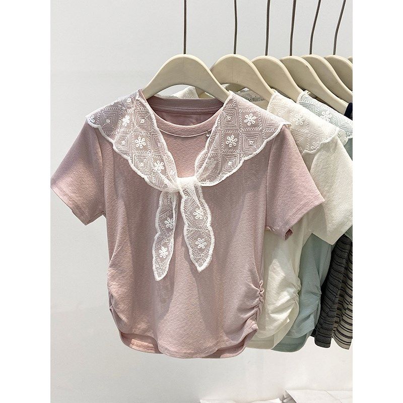 蕾丝披肩辣妈外出哺乳短袖t恤设计感褶皱收腰显瘦产后喂奶上衣夏,淘宝优惠券,粉丝福利购,淘宝优惠卷