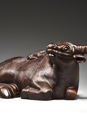 黑檀木雕卧牛摆件实木质老鼠骑牛家居办公室装饰摆设吉祥物工艺品