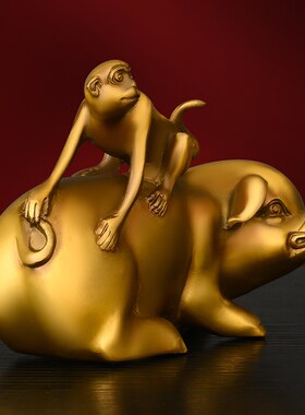 纯铜猪摆件黄g铜猴摆件家用办公室装饰注定封侯猪定封侯全铜猪上