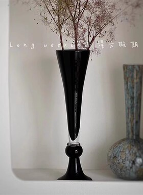 中古 黑色两用玻璃花瓶烛台高G脚艺术花器法式复古摆件