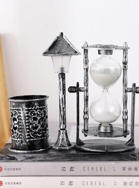 创意学生礼品仿古流砂路灯笔筒 学生礼品白色沙漏双色小夜灯摆件