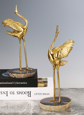 轻奢华天然玛瑙黄铜仙鹤客厅玄关摆件样板房间电视柜家居软装饰品