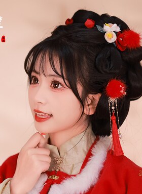 汉服发饰女童可爱毛球发夹流苏红色古风头饰宝宝对夹毛绒冬季新款