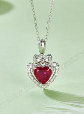 S925银镀白金高级红宝石吊坠项链