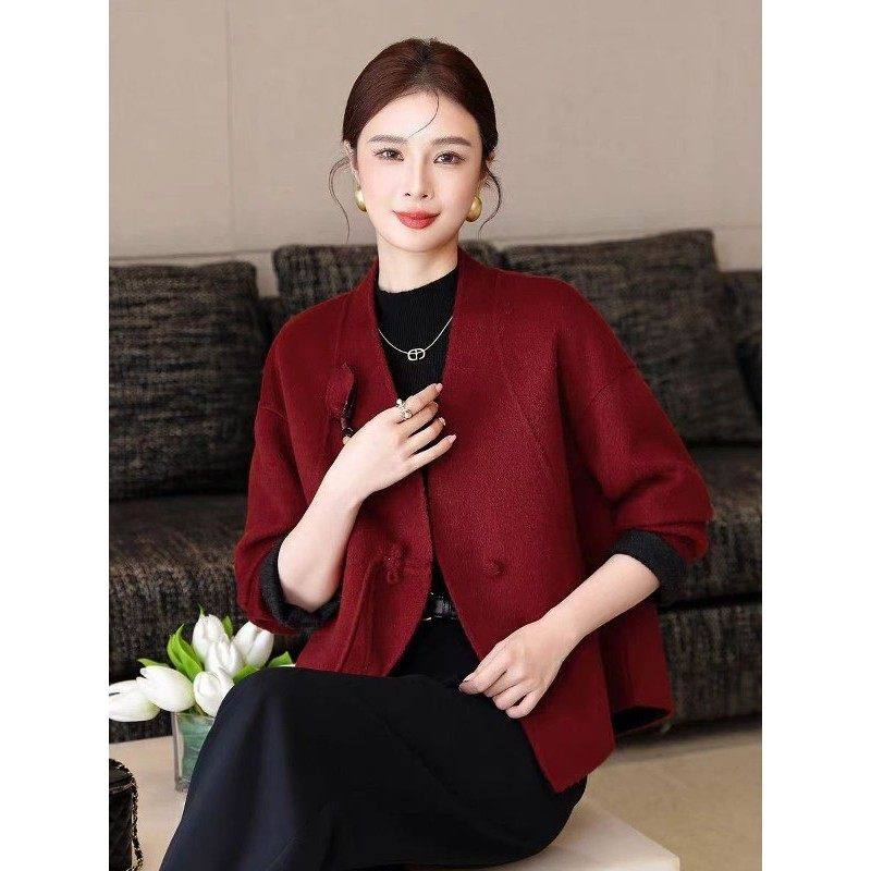 杭州新中式红色双面毛短款毛呢外套女V领高端百搭羊绒大衣外套,淘宝优惠券,粉丝福利购,淘宝优惠卷