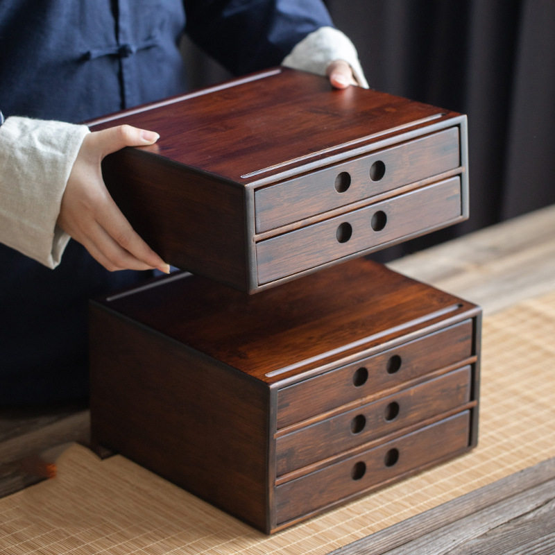 Walnut color bamboo Pu'er tea box storage box white tea tea cake box multi-layer tea storage box drawer tea set accessories