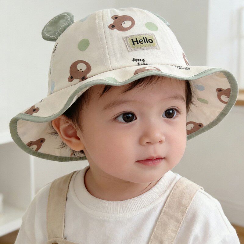 婴儿帽子小熊印花渔夫帽男女宝宝防晒防飞沫防护面罩遮阳帽