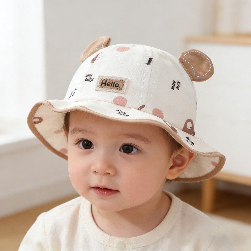 婴儿帽子小熊印花渔夫帽男女宝宝防晒防飞沫防护面罩遮阳帽