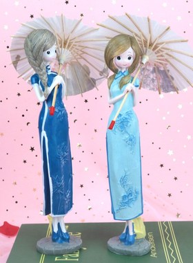 旗袍撑伞打伞美女少女女孩女郎工艺摆件酒柜家居客厅装饰节日礼品