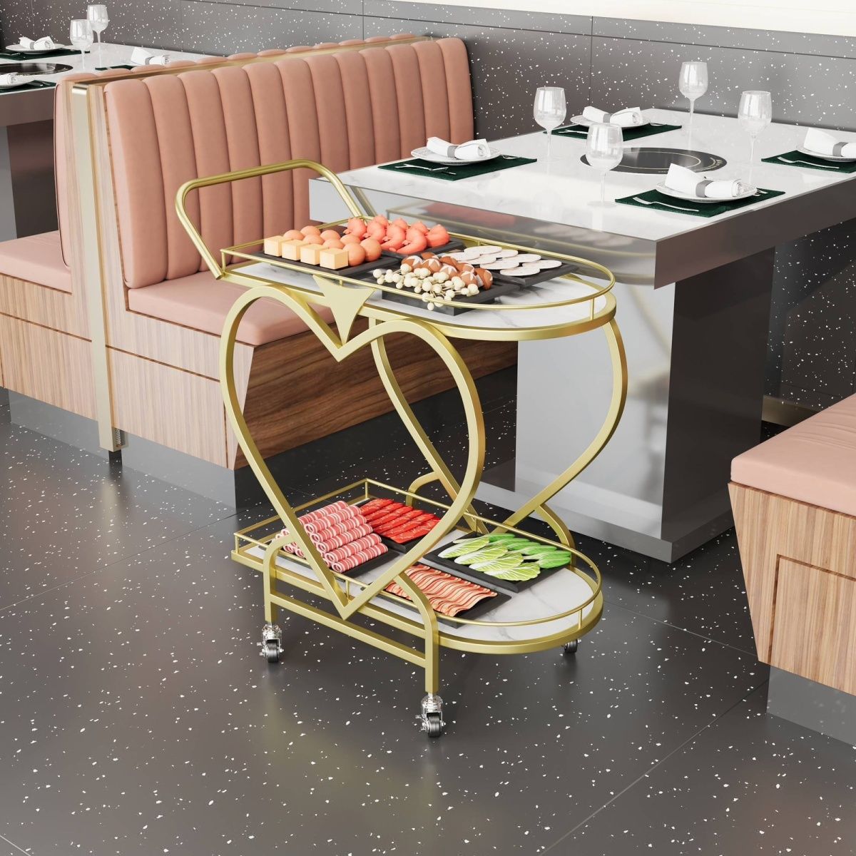 北欧移动小推车高档收纳车酒店酒水车金色多层铁艺餐车餐厅传菜车 - 图0