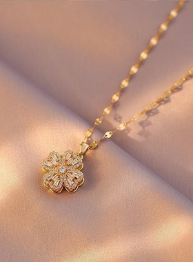 钛钢项链 旋转四叶花项链女高级毛衣链设计感小众春夏锁骨链配饰