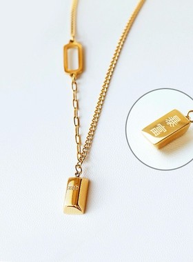 钛钢项链 暴富金色小方块项链女款时尚气质不掉色高级感轻奢项链