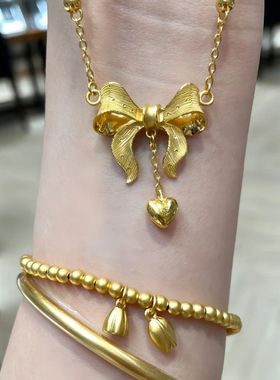 订婚道具仿真三金摆沙金首饰套装五件套古法传承手镯五金一钻套装