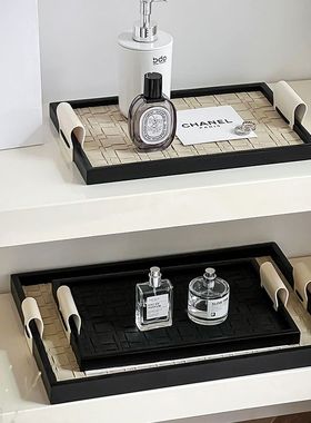 轻奢首饰玄关收纳盘子中古高档黑色皮革香薰托盘法式饰品摆件样板