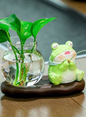 办公桌摆件小猫钓鱼摆件工位解压装饰品办公室桌面水培玻璃花瓶水