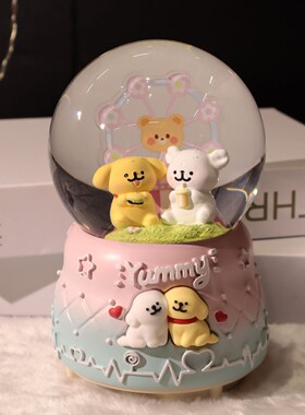 水晶狗狗摆件线条小狗大号球女孩公主风飘雪八音盒桌面灯光装饰品