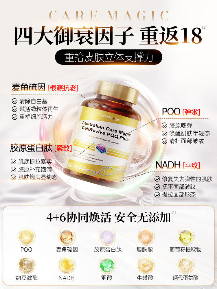 CareMagic时光瓶PQQ胶囊细胞级线粒体葡萄籽花青素口服美容营养品,淘宝优惠券,粉丝福利购,淘宝优惠卷