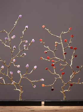 欧式创意轻奢紫水晶树枝摆件纯铜玛瑙家居客厅样板间玄关装饰摆设