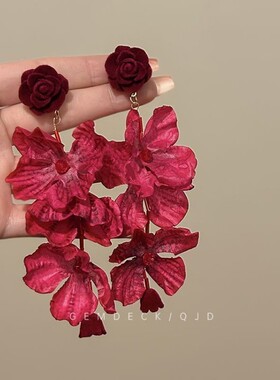 新中式复古红色玫瑰花耳钉女