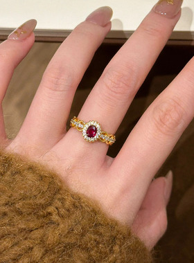 秋冬复古蕾丝红宝石戒指女