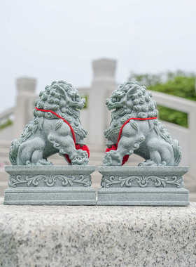 中式招财石狮子一对镇宅家用摆件鱼缸造景桌面家居装饰青石石狮子