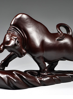 适用黑檀木雕牛摆件华尔街牛大号生肖红木工艺品补角吉祥物装饰品